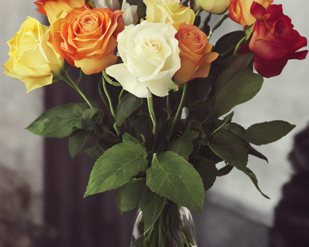 Multicolored Rose Bouquet in Glass Vase on Blurred Background