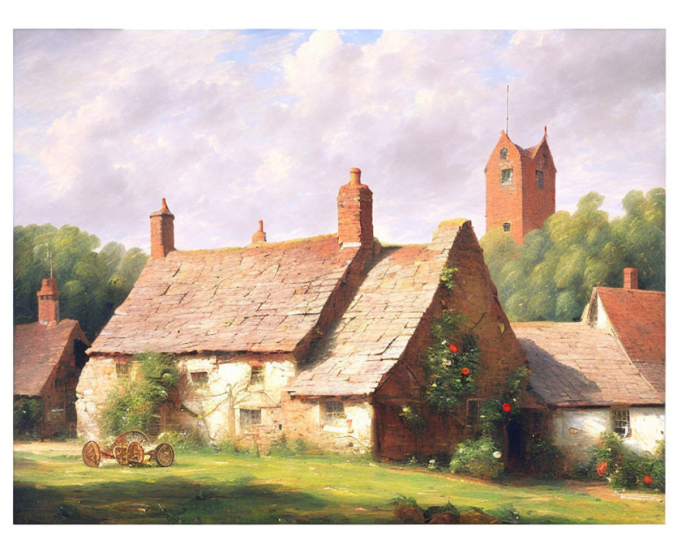 Rural scene with cottage, plants, cart, and distant church