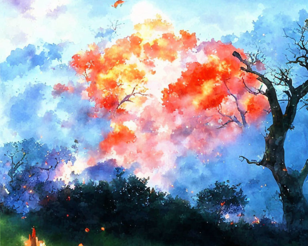 Colorful watercolor painting of vibrant tree canopy against blue sky