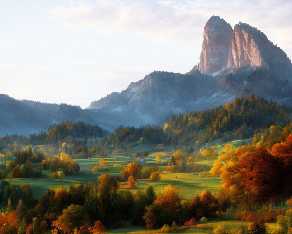 Vibrant autumn landscape with towering rock formation at sunrise