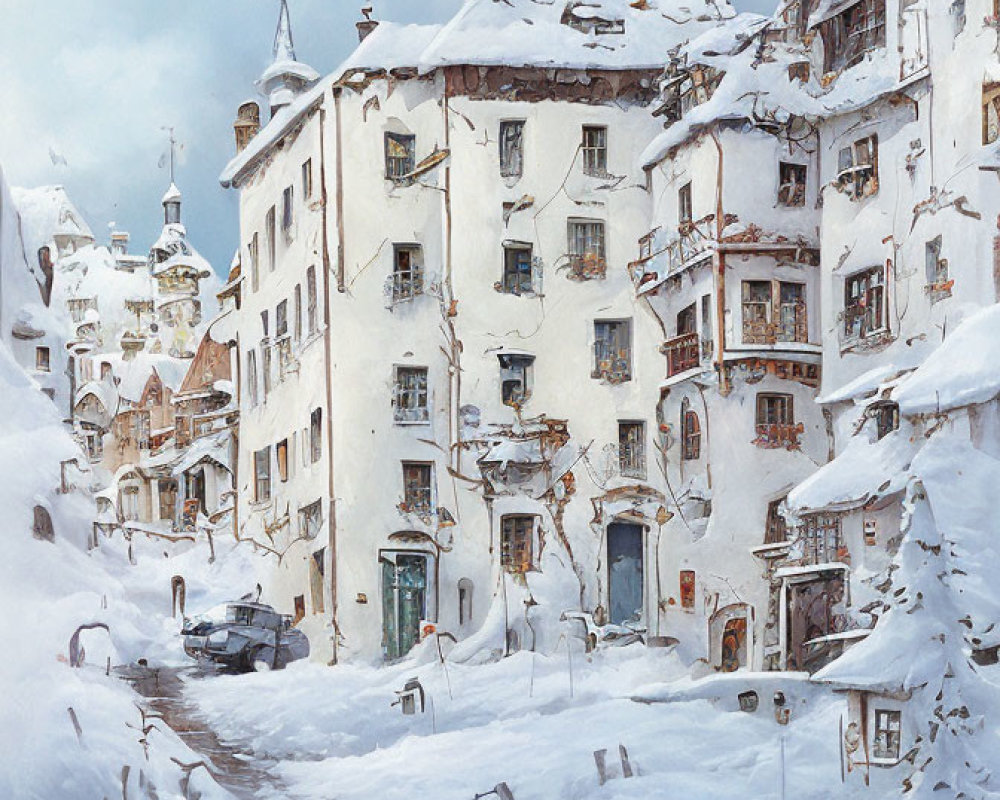 Winter Scene: Snowy European Village with Historical Buildings