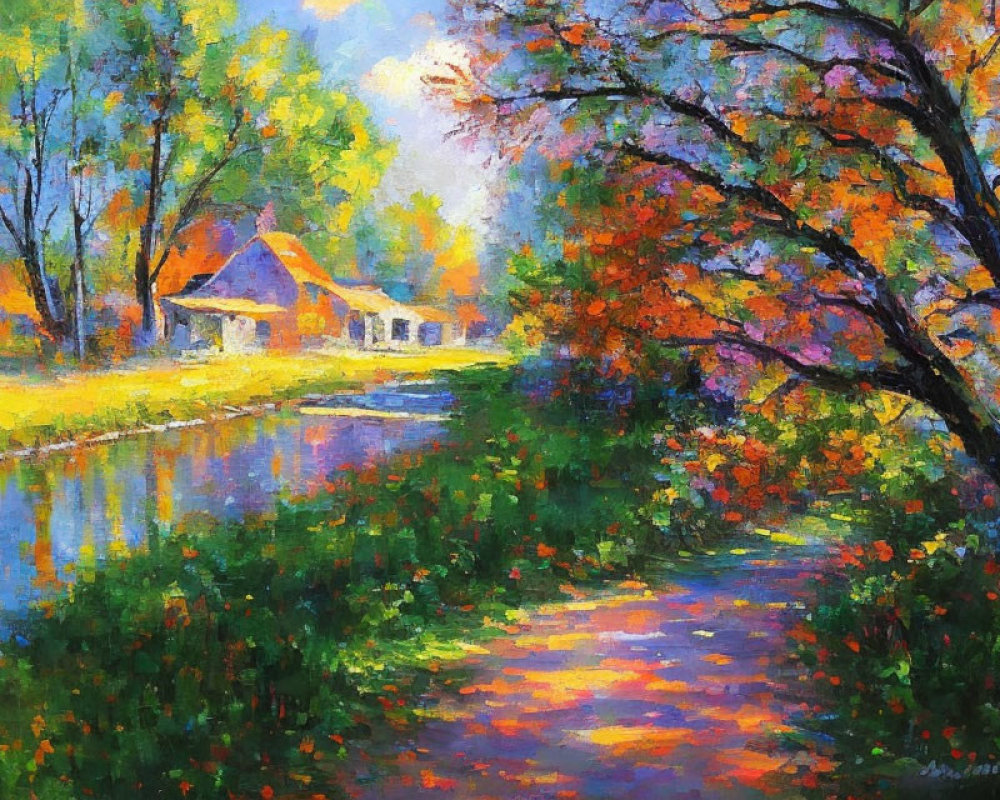 Colorful Oil Painting of Countryside Scene with River and Cottages