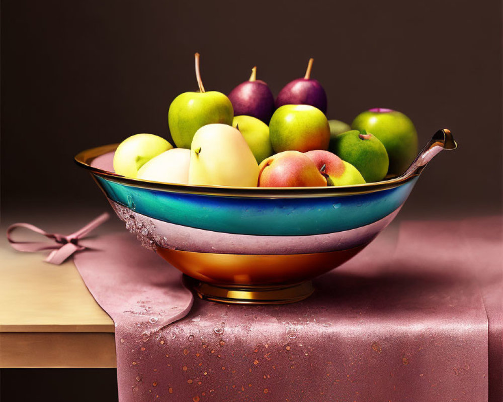 Colorful apples in glass bowl on satin tablecloth with warm backdrop