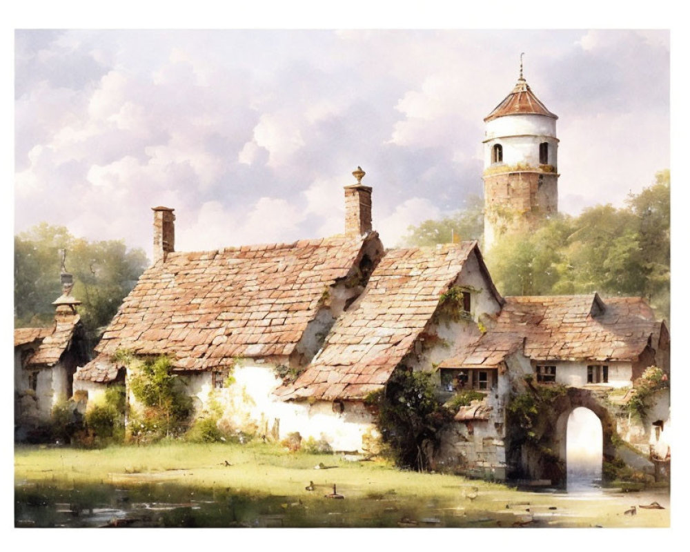 Tranquil watercolor: Stone cottage, thatched roof, bell tower, pond, ducks