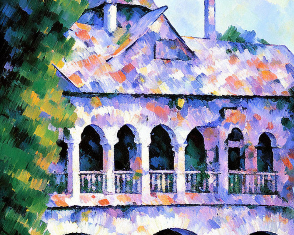 Building with Pointed Roof and Arched Balcony in Impressionist Style