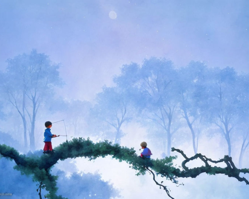 Children fishing on whimsical tree branch in serene moonlit landscape