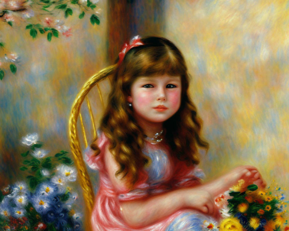 Young girl with red hair bow in pink dress holding yellow flowers in painting