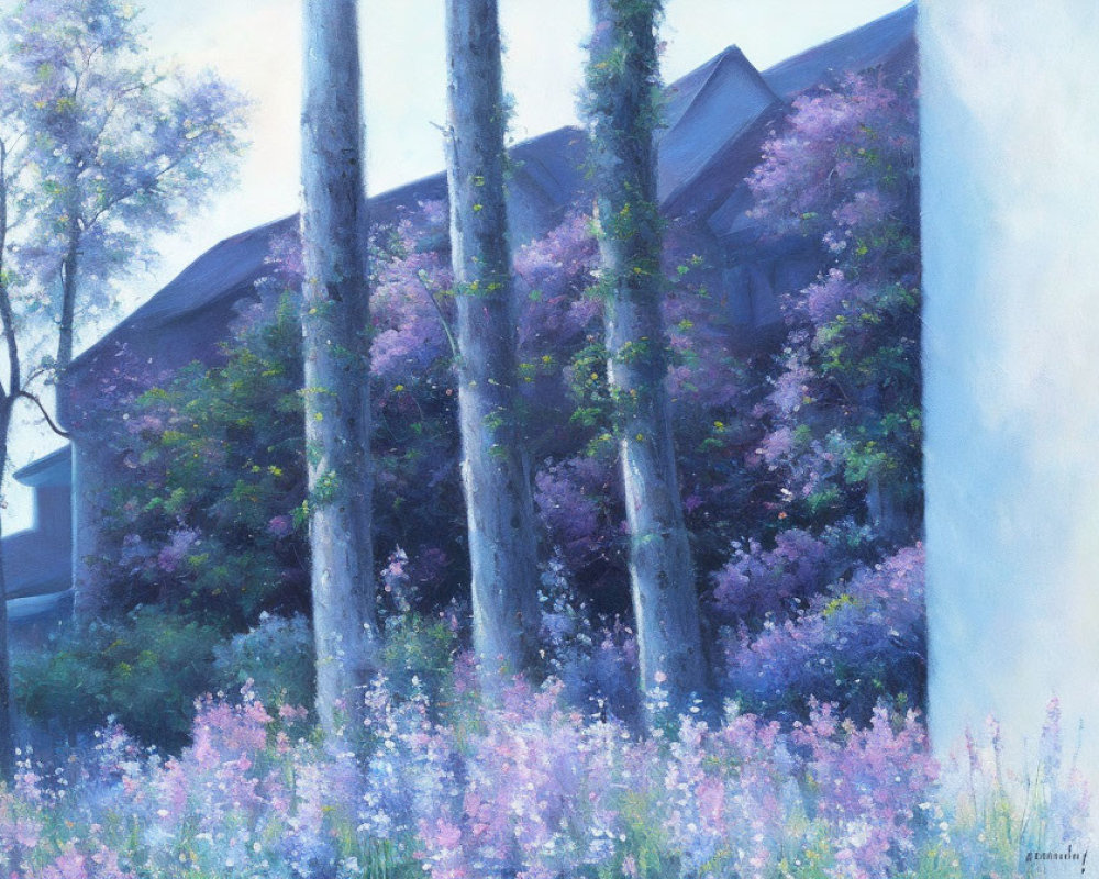 Tranquil painting of tall trees with purple blossoms and a house with blue-grey facade