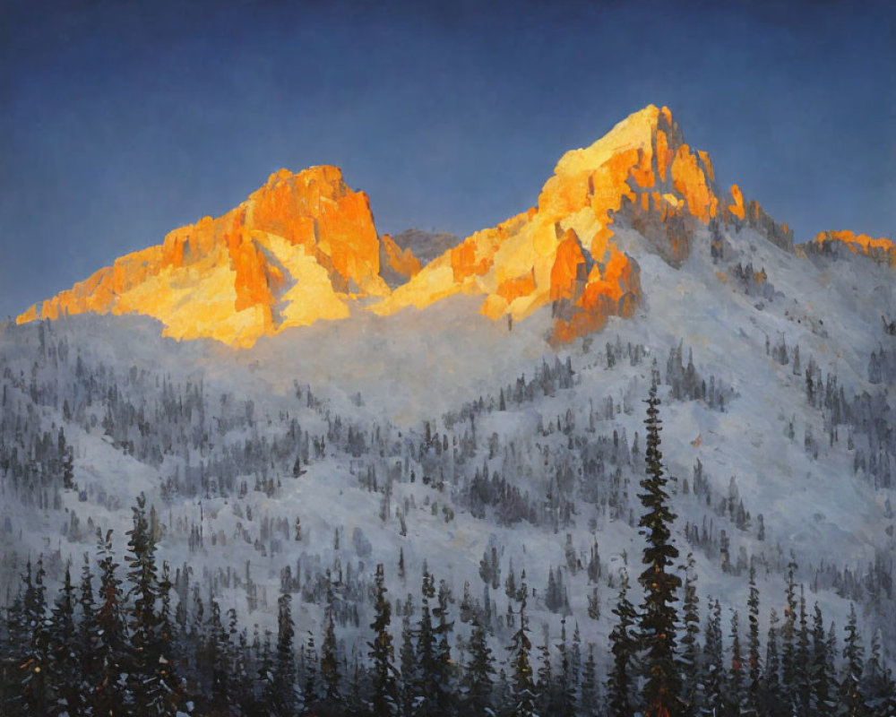 Mountain Range Painting with Warm Light and Forested Foreground