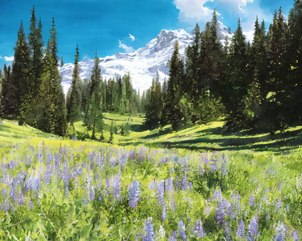 Scenic landscape illustration with purple wildflowers, green trees, and snowy mountain.