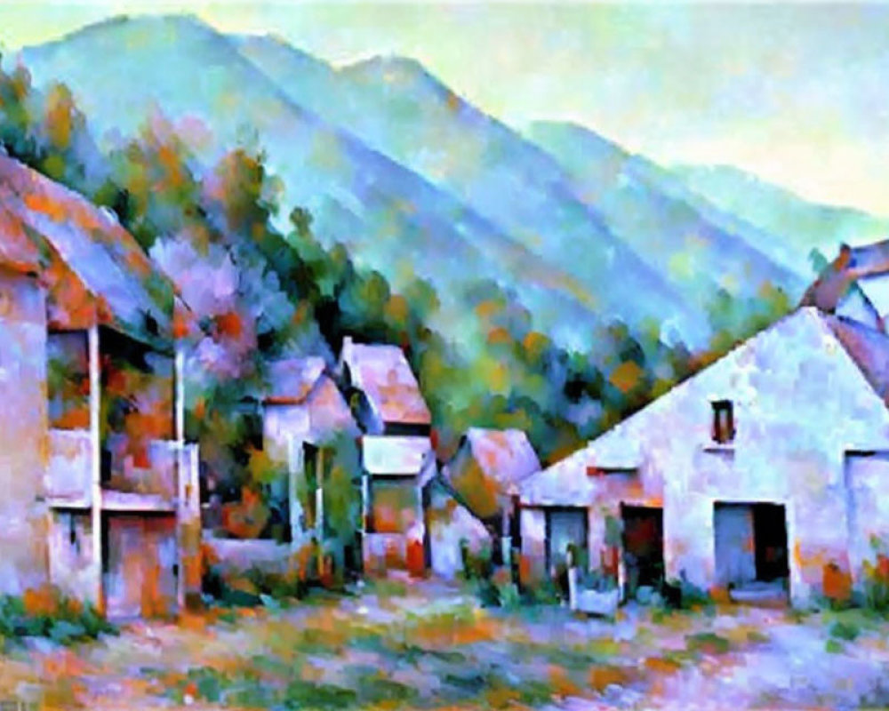 Impressionist painting of village and mountains in soft colors