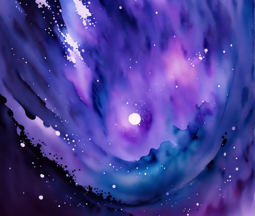 Celestial watercolor painting with bright white light and swirling purple hues