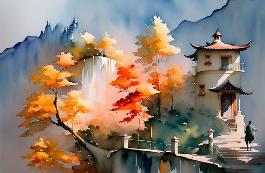 Vibrant Asian temple painting with autumn trees, mountain view, and lone figure.