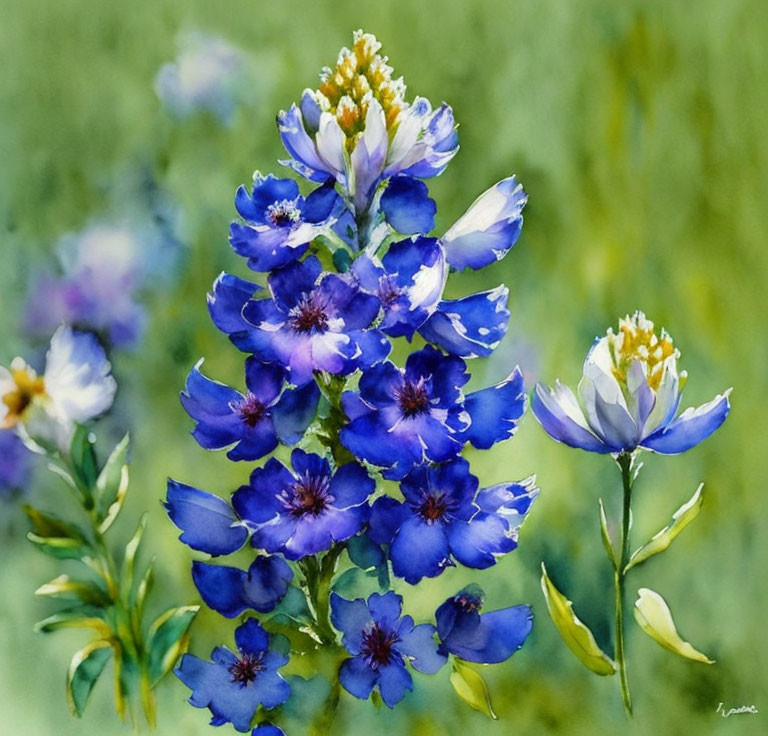 Vibrant Blue Flowers with Yellow Centers in Watercolor