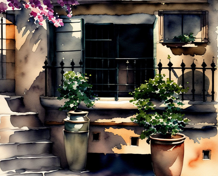 Cozy corner watercolor painting with stairs, window, plants, and purple flowers.