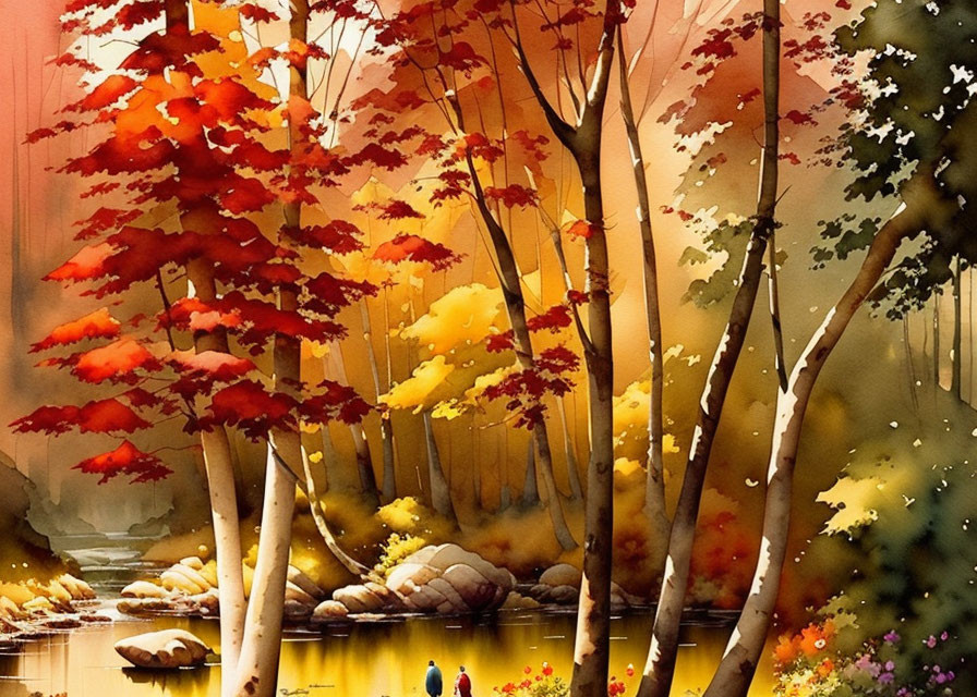 Tranquil autumn forest with red and orange leaves, river, rocks, and small figures