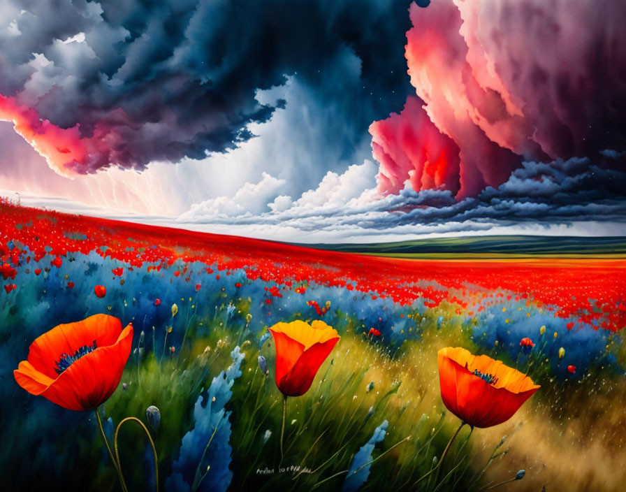 Colorful poppy field painting under stormy sky with lightning