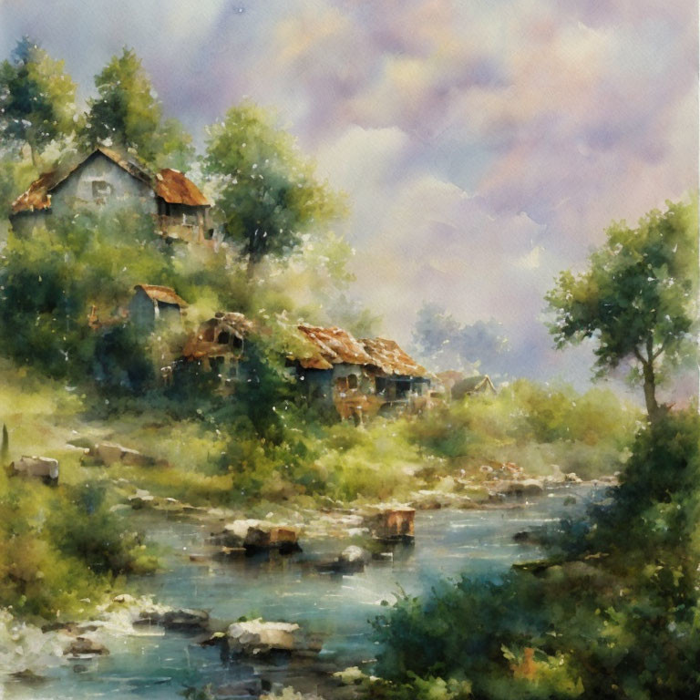 Rustic Village Watercolor with River and Trees