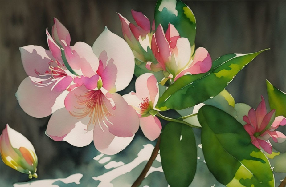 Delicate Pink Flowers Watercolor Painting with Textured Background