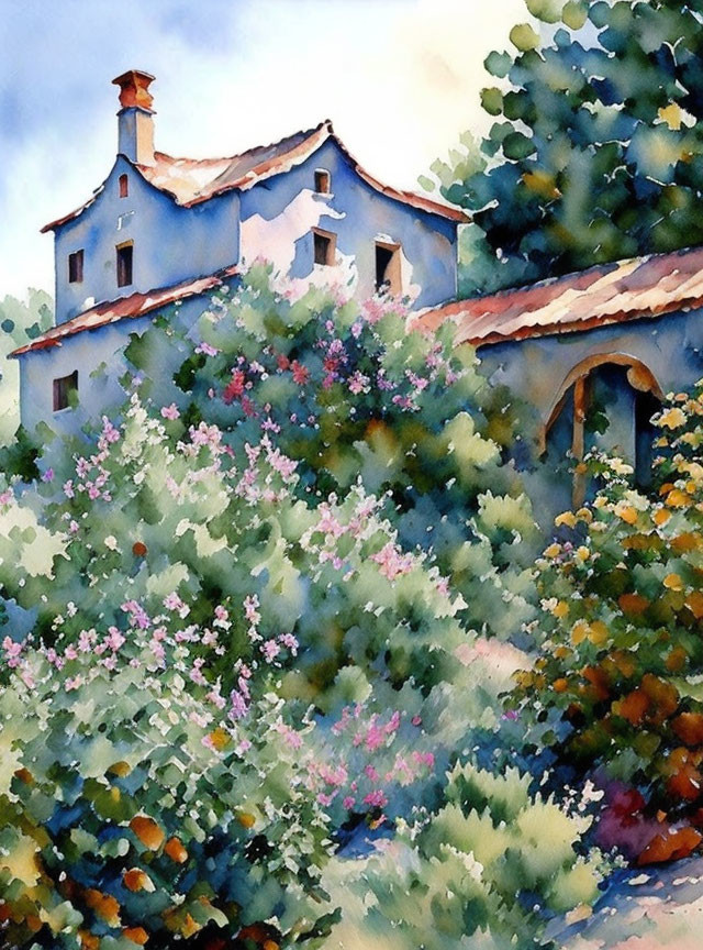 Colorful Watercolor Painting of Quaint White House in Lush Greenery