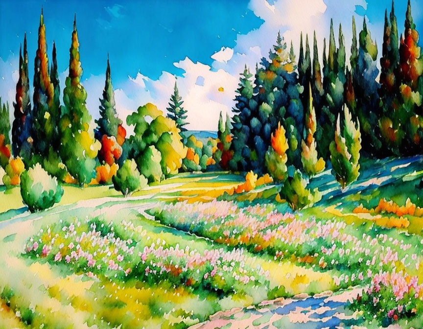 Colorful Watercolor Painting of Scenic Landscape