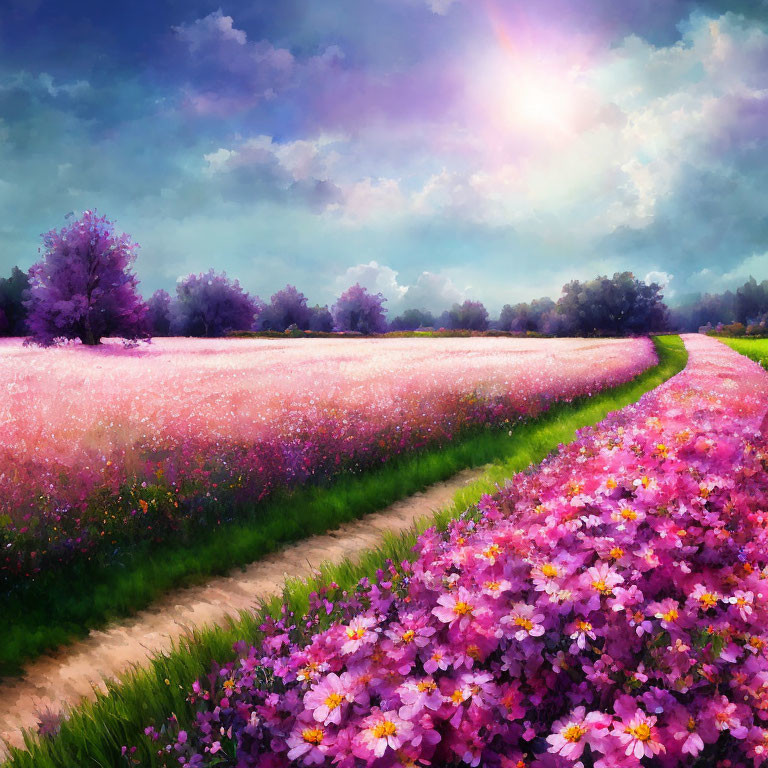 Colorful painting of blooming field with purple and pink flowers and winding path