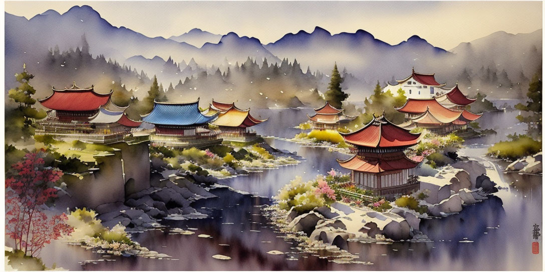 Traditional Asian Landscape Painting: Serene Village with Pagodas, River, Flora, Mountains