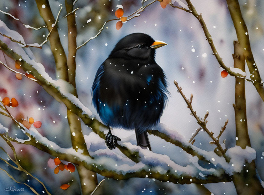 Black bird on snow-covered branch with red berries and falling snowflakes