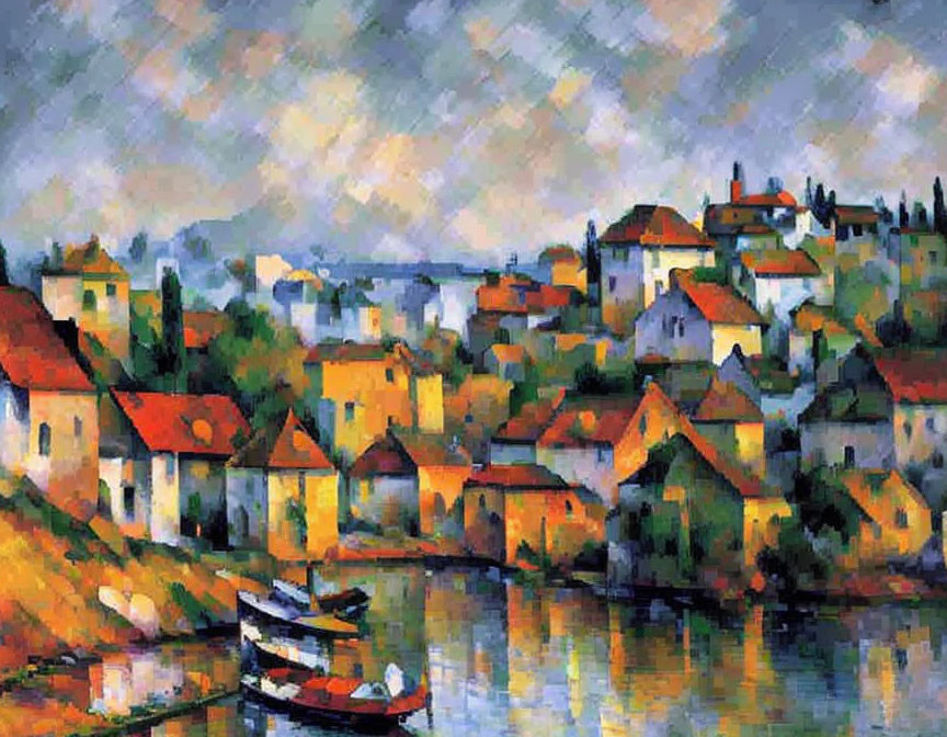 Colorful Impressionist Painting of Riverside Village