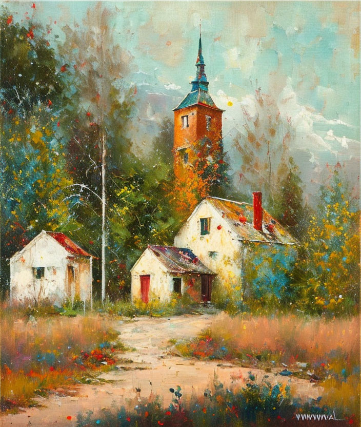 Rustic village painting with autumn trees and cloudy sky