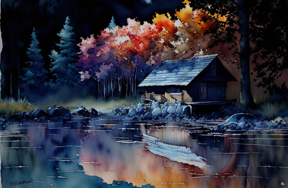 Tranquil watercolor: cabin by lake at dusk