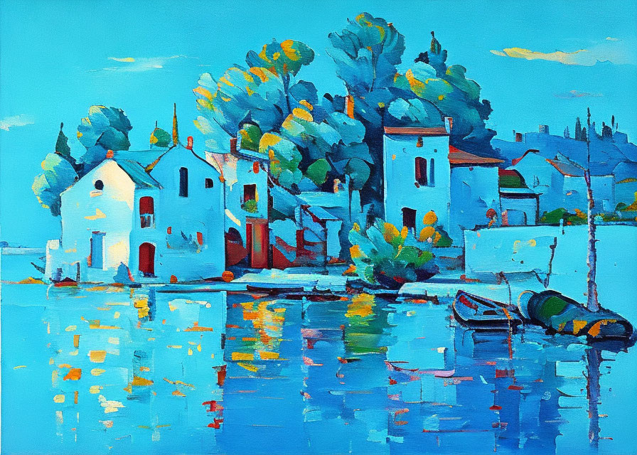 Colorful Lakeside Painting with White Buildings and Boat