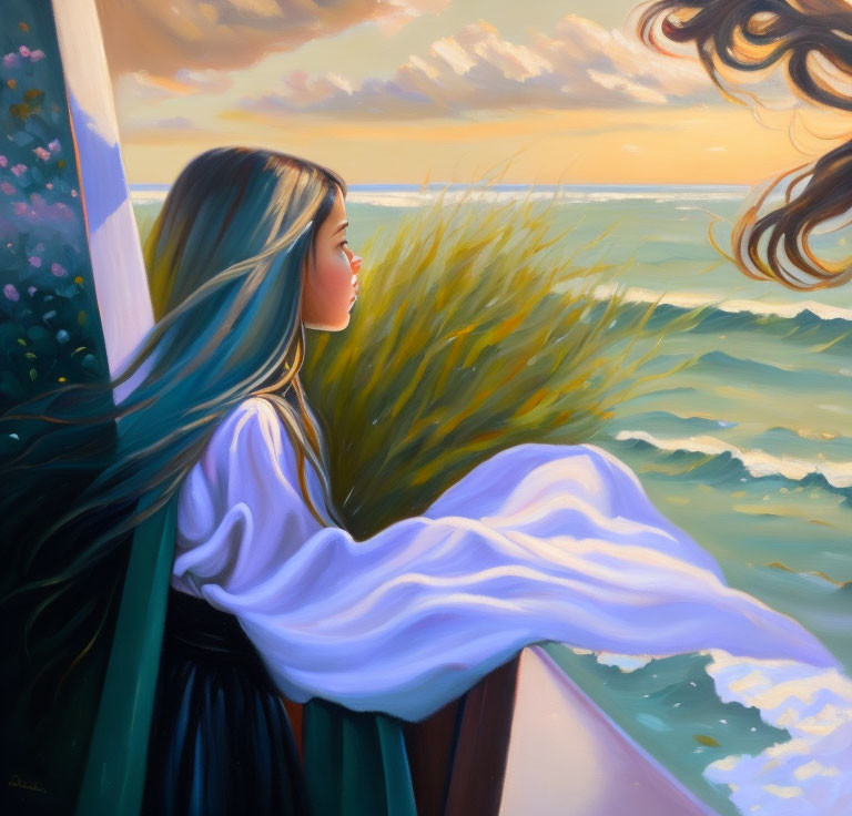 Young woman on balcony gazing at sea with billowing hair and sleeve