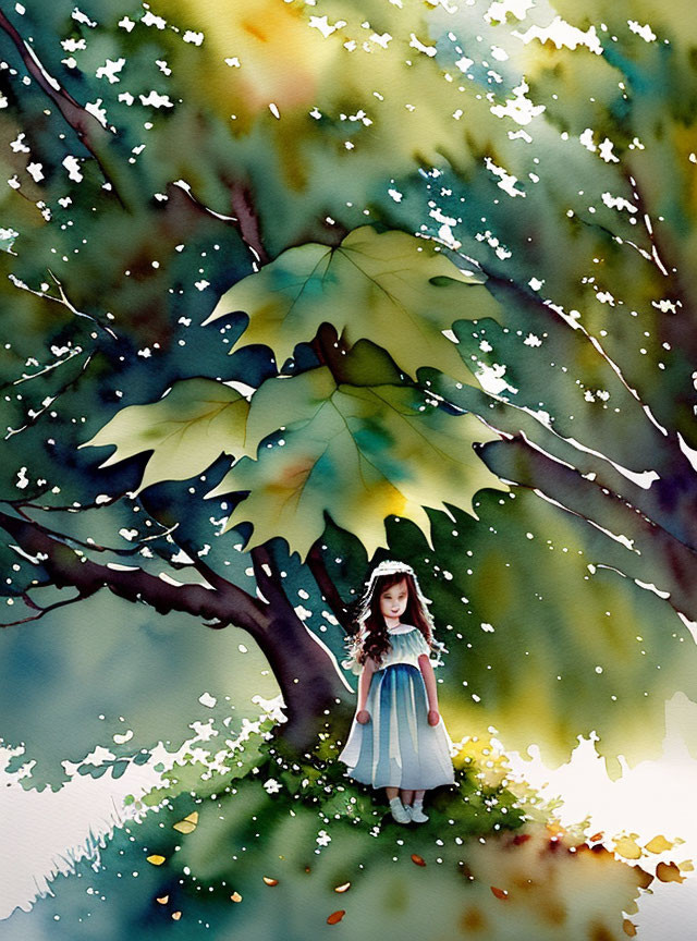 Illustration of young girl under vibrant tree with transitioning leaves and falling petals