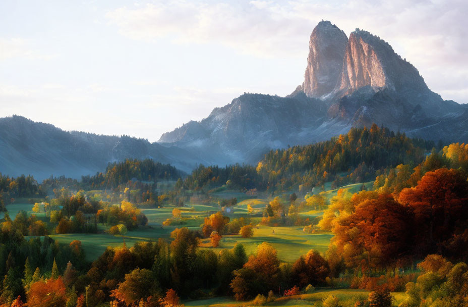 Vibrant autumn landscape with towering rock formation at sunrise