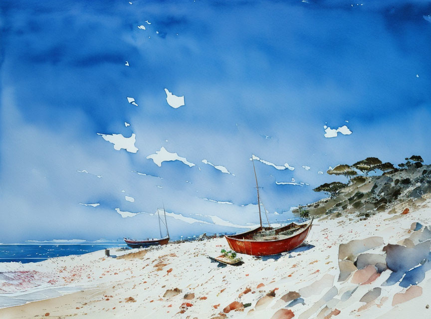 Serene beach watercolor painting with blue sky, boats, and dune