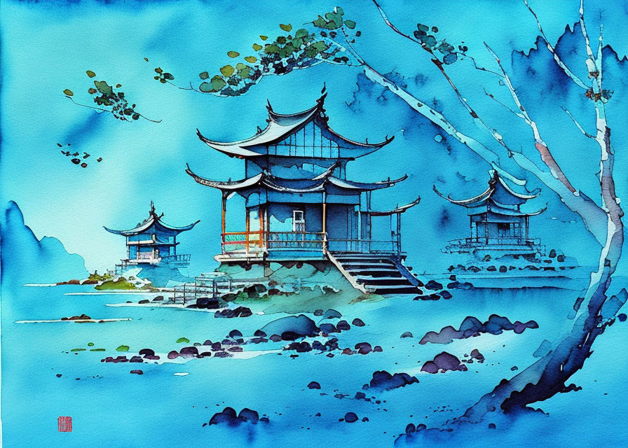 Asian landscape watercolor painting with pagodas and lake in blue tones