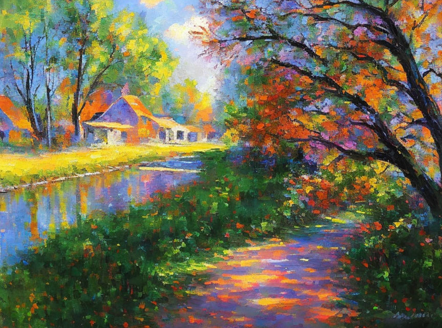 Colorful Oil Painting of Countryside Scene with River and Cottages