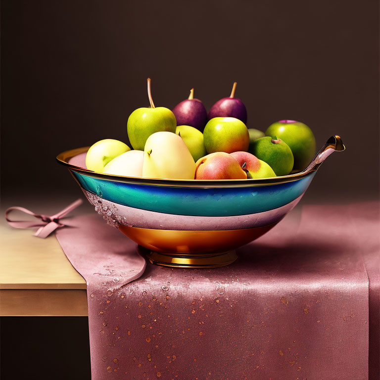 Colorful apples in glass bowl on satin tablecloth with warm backdrop
