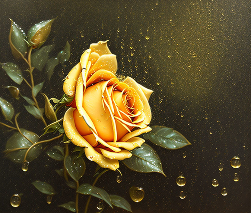 Vibrant golden rose with dewdrops on petals and leaves against dark background