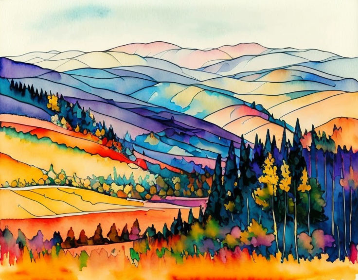 Vibrant Watercolor Landscape: Layered Hills and Trees in Warm Tones