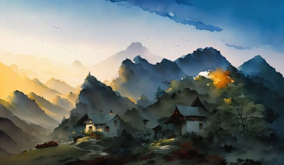 Tranquil Watercolor Painting of Village at Sunset