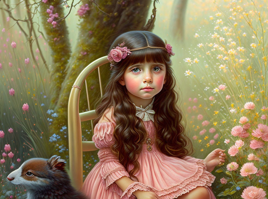 Young girl with large eyes and brown hair in golden chair with pink flowers and fluffy animal among wildflowers