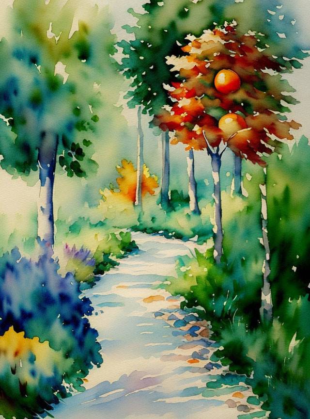 Vibrant forest path watercolor painting with autumn trees and blue sky