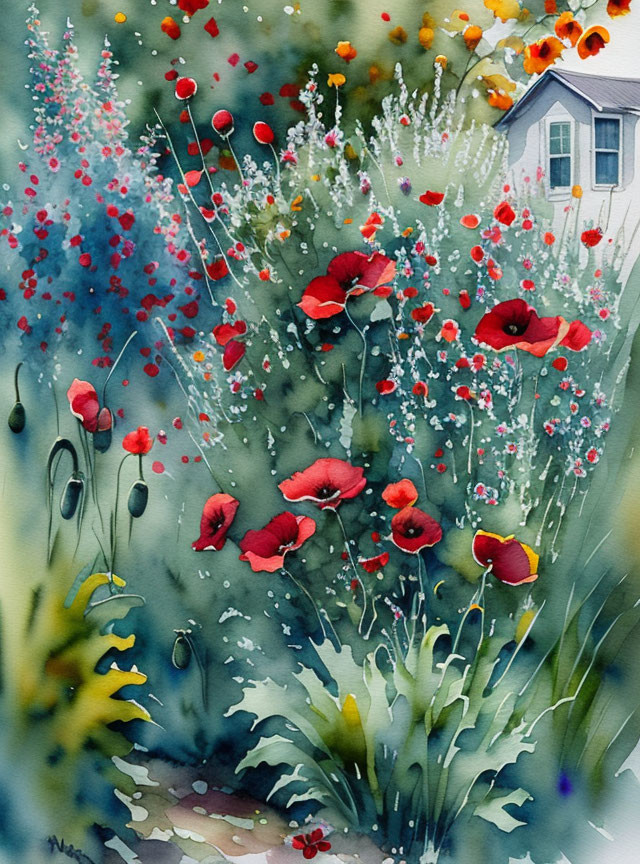 Colorful Watercolor Painting of Red Poppies in Garden