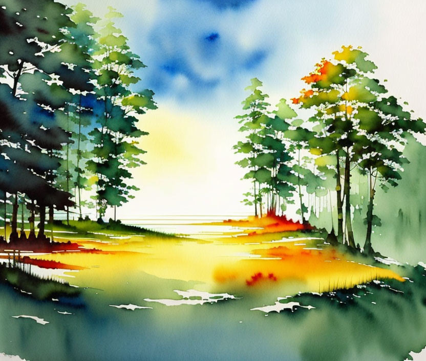 Serene forest sunset watercolor painting with calm lake reflection