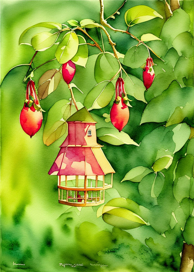 Vibrant watercolor painting of lantern-shaped birdhouse on tree branch