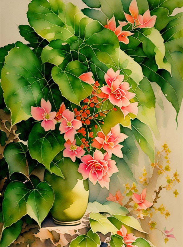 Detailed watercolor painting of green ivy leaves and pink flowers on branch against gradient backdrop.