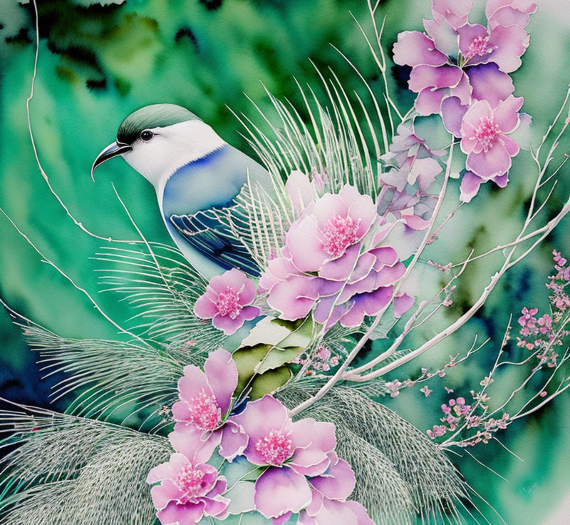 Colorful painting of blue and white bird on branch surrounded by pink and purple flowers