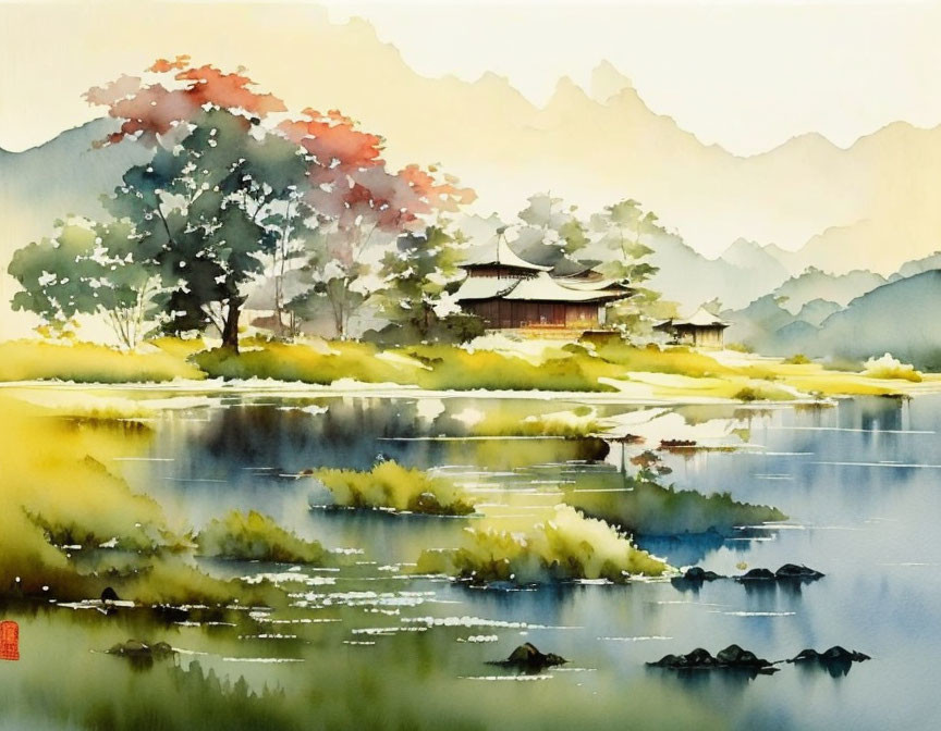 East Asian Watercolor Landscape: Pagoda, Lake, Foliage, Mountains